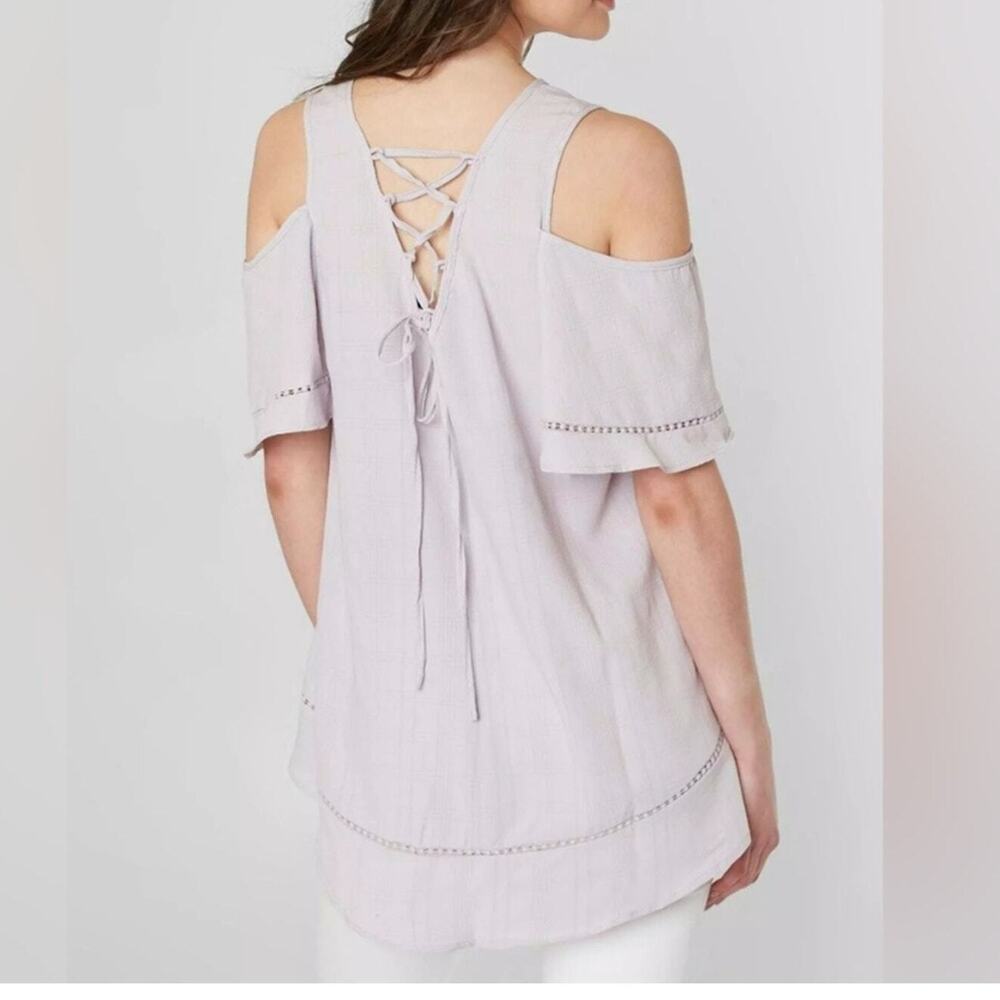 Anthropolgie Doe & Rae NEW Lavender Mist Cold Shoulder Embroider Detail Blouse M